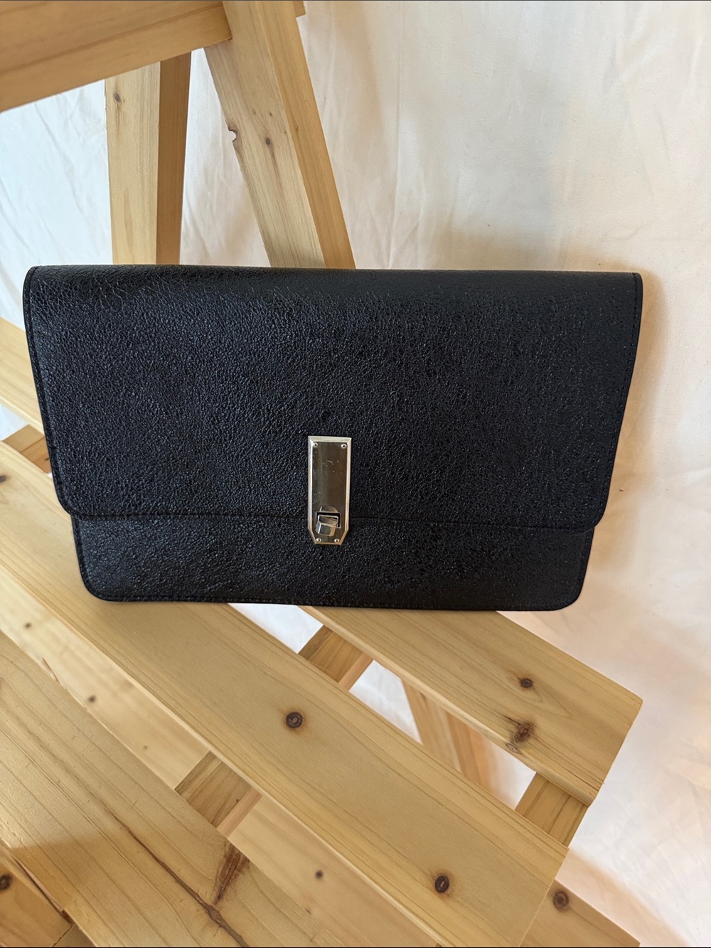 Express Black Textured Envelope Clutch with Silver Hardware